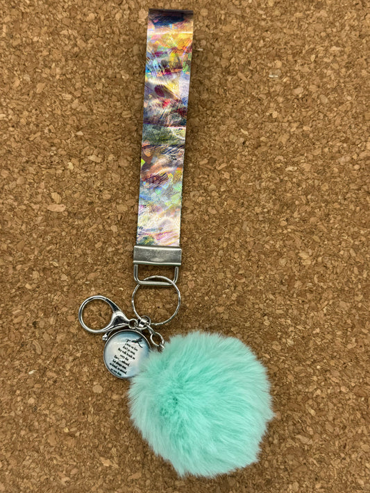 Holographic / Butterfly charm/ turquoise puff Wristlet Keychain