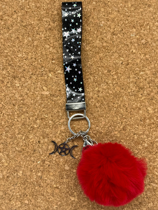 Stars/Triple moon /Red puff Wristlet Keychain