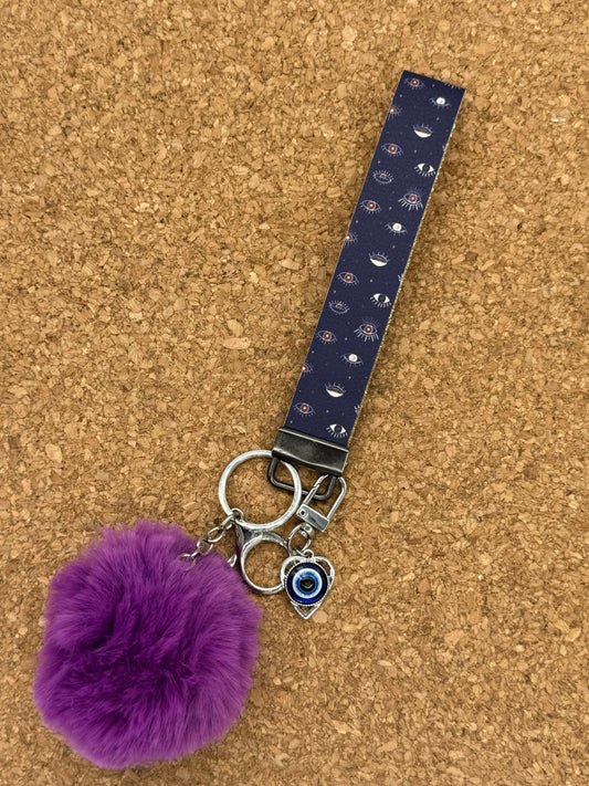 Evil eye/Evil eye charm/Purple puff Wristlet keychain